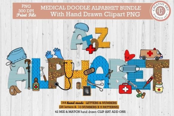 Medical Doodle Alphabet Bundle with Hand